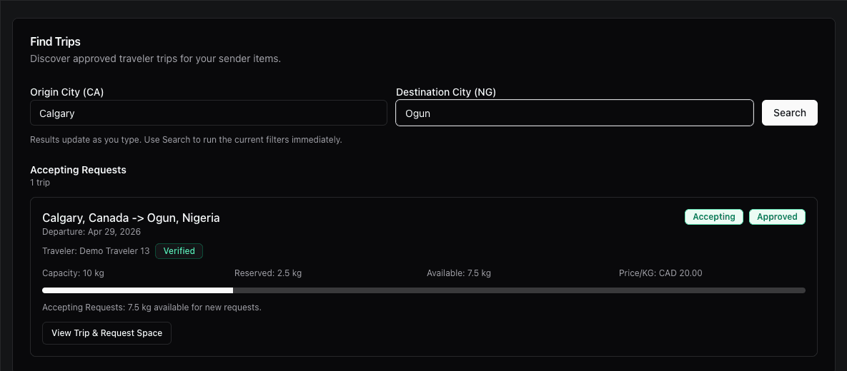 TrustKarry trip search showing a verified traveler route from Calgary to Ogun